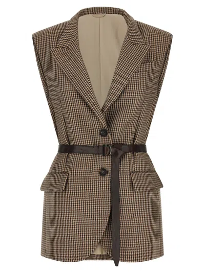 Brunello Cucinelli Houndstooth Virgin Wool Vest In Brown