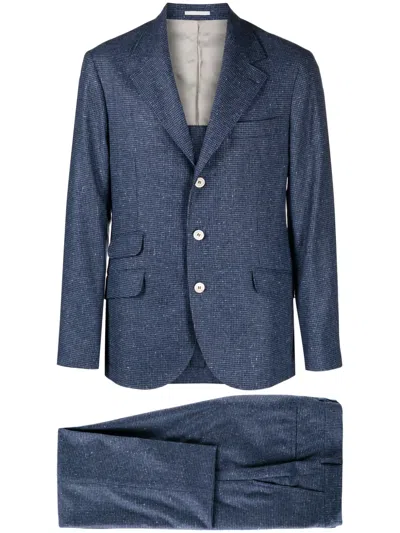 Brunello Cucinelli Houndstooth Wool-cashmere Blend Suit In Blue