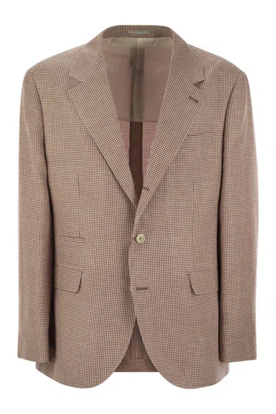 Brunello Cucinelli Houndstooth Wool, Linen And Silk Deconstructed Jacket In Red