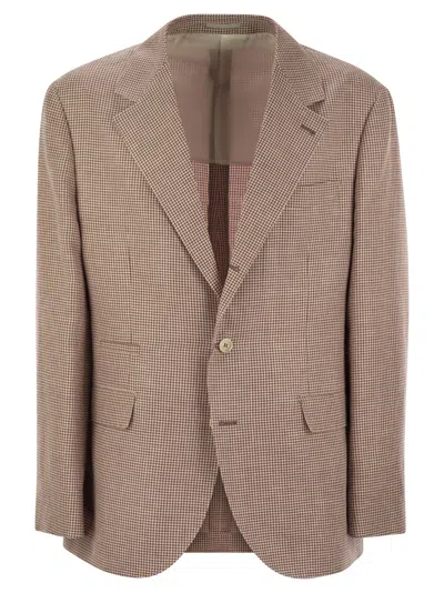 BRUNELLO CUCINELLI HOUNDSTOOTH WOOL, LINEN AND SILK DECONSTRUCTED JACKET