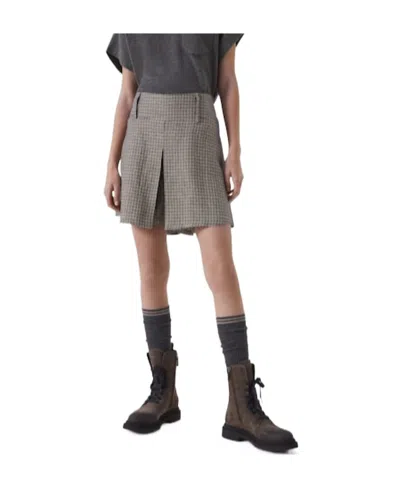 Brunello Cucinelli Houndstooth-pattern Linen-blend Skort In Gray