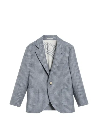 Brunello Cucinelli Kids' Houndstooth-pattern Long-sleeve Blazer In Blue