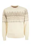 Brunello Cucinelli Icelandic Jacquard Buttoned Sweater In Alpaca, Cotton And Wool In Panama/grey/sand