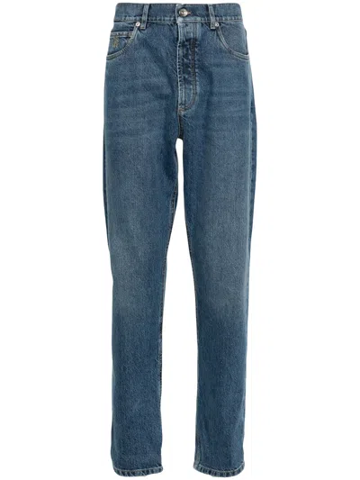 Brunello Cucinelli Indigo Blue Embroidered Denim Jeans In Navy