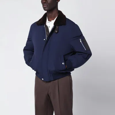 Brunello Cucinelli Indigo Nylon Puffer Jacket With Shearling Collar In Blue