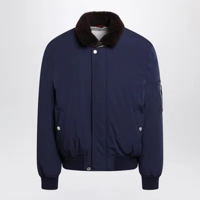 Brunello Cucinelli Indigo Nylon Puffer Jacket With Shearling Collar Men In Blue