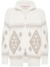 Brunello Cucinelli Men Geometric Jacquard Cashmere Feather Cardigan With Shawl Collar In Weiss