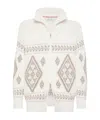Brunello Cucinelli Men Geometric Jacquard Cashmere Feather Cardigan With Shawl Collar In White