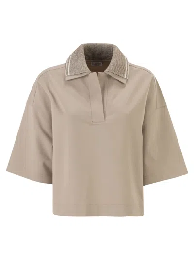 Brunello Cucinelli Interlock Couture Polo Shirt With Sparkling Knitted Collar In White