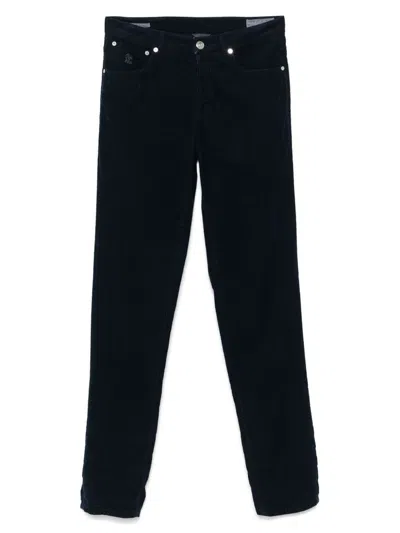 Brunello Cucinelli Italian Fit Trousers In Navy Blue Cotton Corduroy In Animal Print