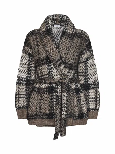 Brunello Cucinelli Ivory And Black Double Knit Dazzling Tartan Belted Cardigan In Animal Print