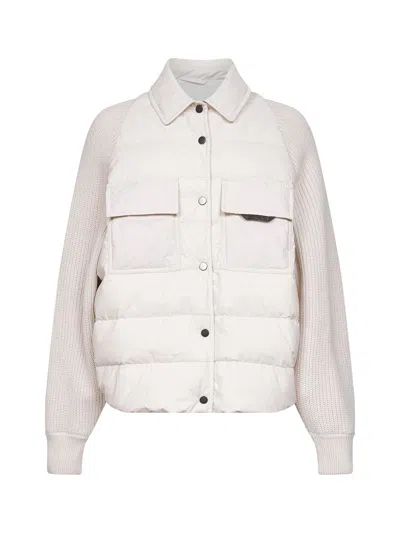 Brunello Cucinelli Ivory Canvas And Knit Shiny Flap Detail Down Jacket