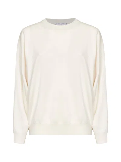 Brunello Cucinelli Ivory Cashmere Knit Crewneck Sweater With Monili In Neutral