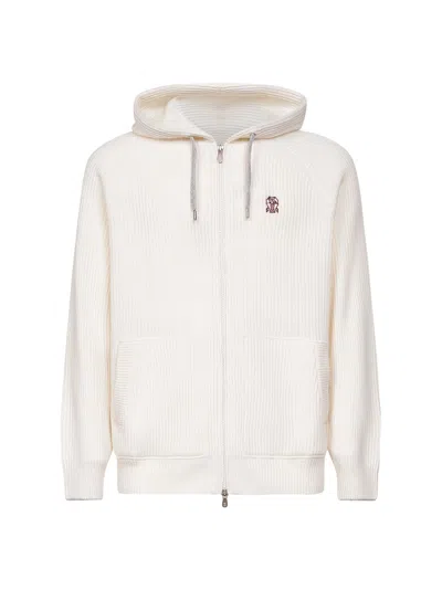 Brunello Cucinelli Ivory Cashmere Knit Zip-up Hoodie In Neutral