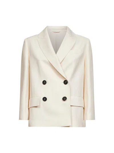 Brunello Cucinelli Double-breasted Blazer In Fluid Viscose And Linen Twill In Neutral