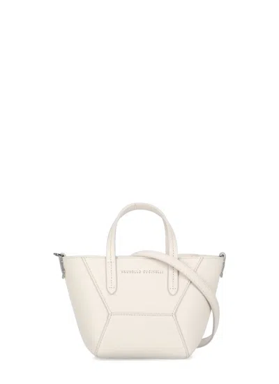 Brunello Cucinelli Ivory Leather Handbag With Contrasting Logo In Grey