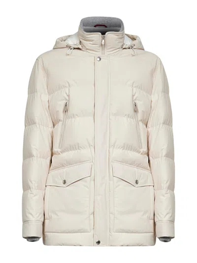 Brunello Cucinelli Ivory Nylon Hooded Down Jacket In White