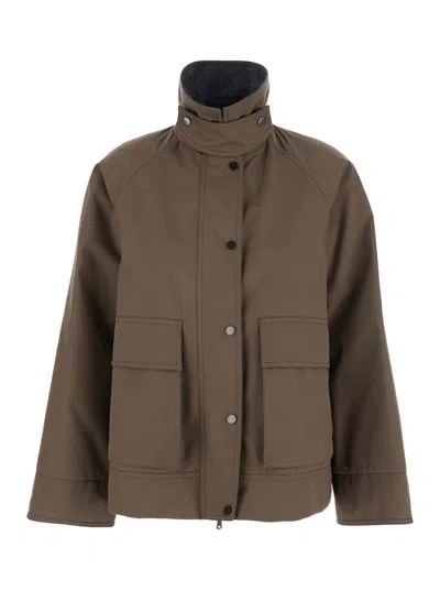 BRUNELLO CUCINELLI GREY JACKET WITH CLASSIC COLLAR WITH SNAP BUTTONS IN COTTON BLEND WOMAN