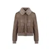 Brunello Cucinelli Leather Jacket With Shearling Collar And Ribbed Finish In Beige