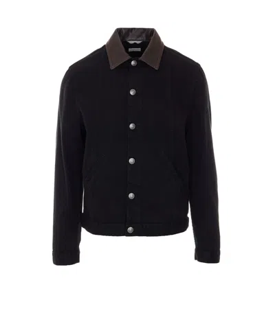 Brunello Cucinelli Men Light Denim Jacket With Leather Collar In Blue