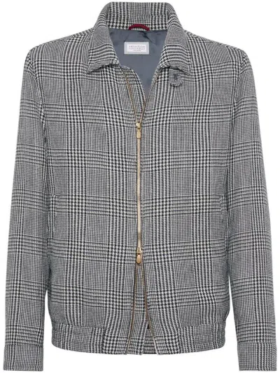Brunello Cucinelli Puppytooth-pattern Zip-up Jacket In Grey