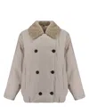 Brunello Cucinelli Beige Double-breasted Jacket With Spread Collar In Tech Fabric Woman In Grey