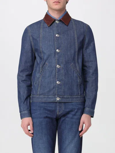 Brunello Cucinelli Men Lightweight Denim Jacket With Leather Collar In Animal Print