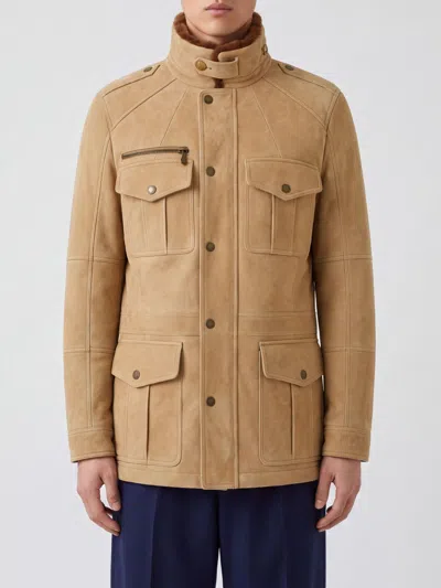 Brunello Cucinelli Waxed Shearling Safari Jacket In Beige