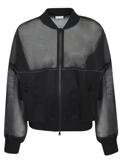 Brunello Cucinelli Black Organza Shiny Trims Bomber Jacket