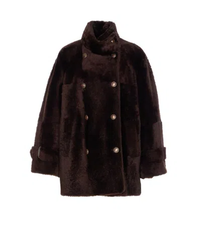 Brunello Cucinelli Double-breasted Shearling Jacket In Brown