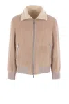 Brunello Cucinelli Bomber Jacket With Shearling Collar And Ribbed Finish In Brown