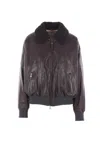 Brunello Cucinelli Shearling Collar Leather Jacket Women In Brown