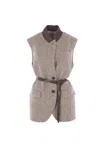 Brunello Cucinelli Waist Belted Lapel Sleeveless Textured Jacket In Gray