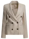 Brunello Cucinelli Women Double-breasted Jacket In Linen And Cotton With Chevron Pattern In Brown