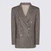 Brunello Cucinelli Beige Double-breasted Jacket With Peak Revers And All-over Check Motif In Brown