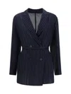 Brunello Cucinelli Metallic Pinstripe Cotton Gauze Belted Double-breasted Blazer Jacket In Blu/argento