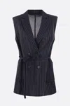 Brunello Cucinelli Striped Belted Sleeveless Jacket In Blue+silver