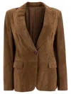 Brunello Cucinelli Beige Single-breasted Blazer Jacket With Pointed Lapels In Suede Woman In Brown