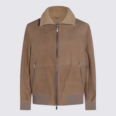 Brunello Cucinelli Men Suede And Sherling Curly Bomber Jacket In Gray