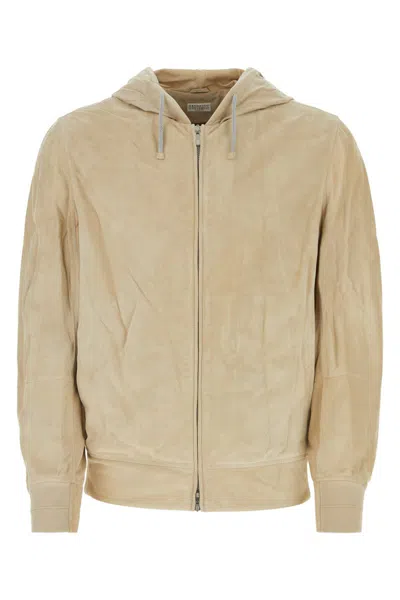 Brunello Cucinelli Hooded Jacket With Ribbed Cuffs And Pockets In Beige