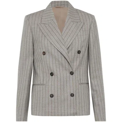 Brunello Cucinelli Pinstripe Double-breasted Blazer In Tobacco