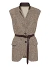 Brunello Cucinelli Waist Belted Lapel Sleeveless Textured Jacket In Brown