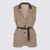 Brunello Cucinelli Waist Belted Lapel Sleeveless Textured Jacket In Brown