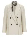 Brunello Cucinelli Sparkling Cotton And Viscose Twill Jacket With Ramage Print Necklace And Scarf In White