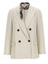 Brunello Cucinelli Sparkling Cotton And Viscose Twill Jacket With Ramage Print Necklace And Scarf In White