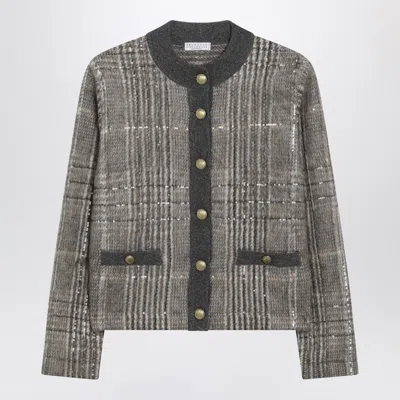 Brunello Cucinelli Jacquard Cardigan With Dazzling Check Embroidery Women In Gray