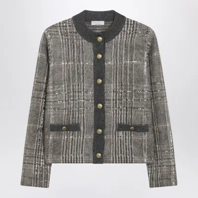 Brunello Cucinelli Jacquard Cardigan With Dazzling Check Embroidery In Gray