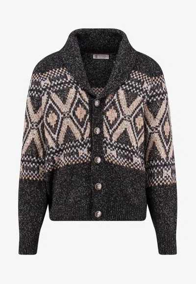 BRUNELLO CUCINELLI JACQUARD KNIT WOOL BLEND CARDIGAN