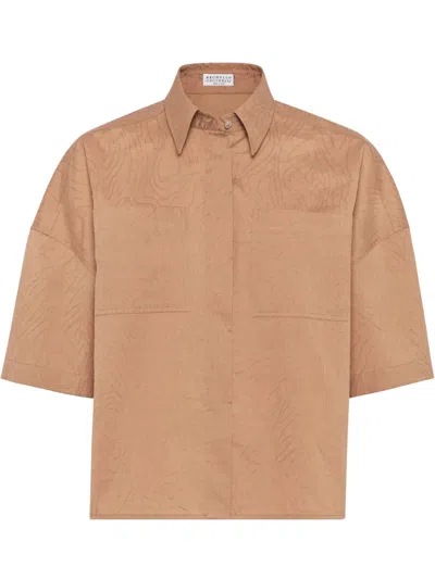 Brunello Cucinelli Jacquard Short-sleeve Shirt In Brown