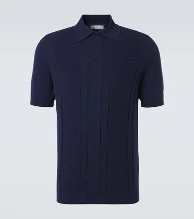 Brunello Cucinelli Jacquard Striped Cotton Polo Shirt In Blue